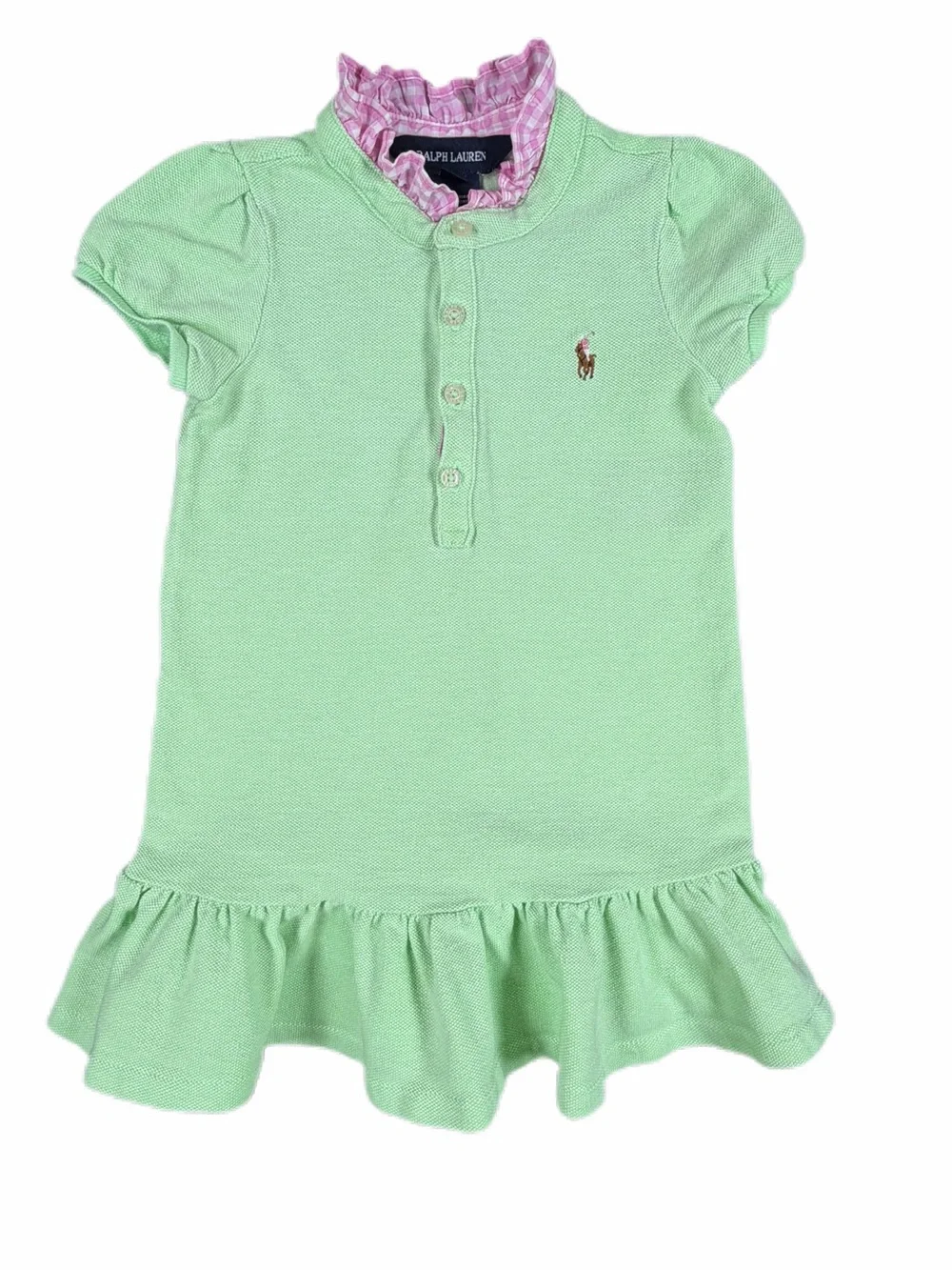 RALPH LAUREN Gingham Ruffle Collar Mesh Cotton Polo Dress - 18M